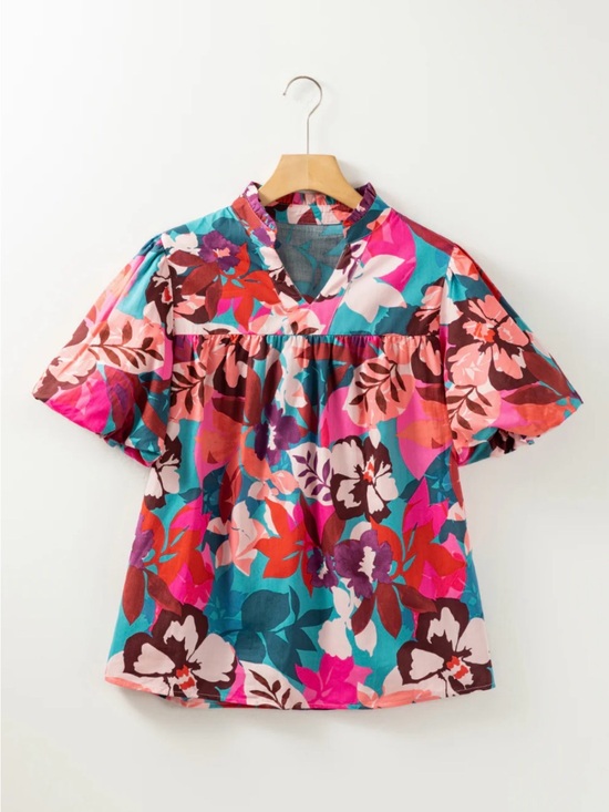 Tops - NEW Women’s Aloha Tropical Floral Short-Sleeve V-Neck Blouse Puff Sleeves